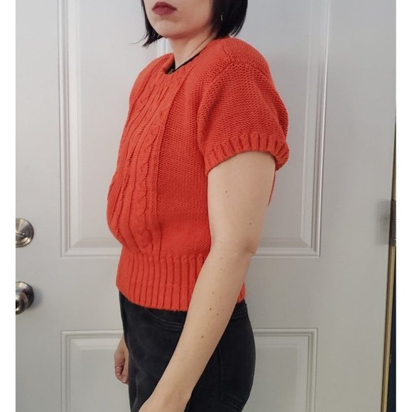90s Liz Claiborne Orange Cropped Short Sleeve Sweater - Picture 2 of 4